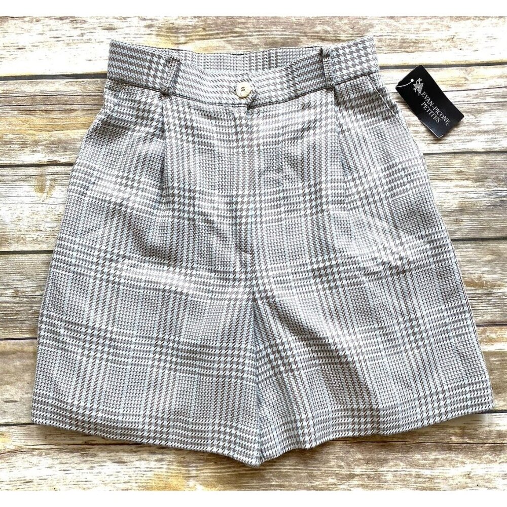 Vintage Evan Picone Womens Shorts Petites 10P Houndstooth Light Blue & Taupe